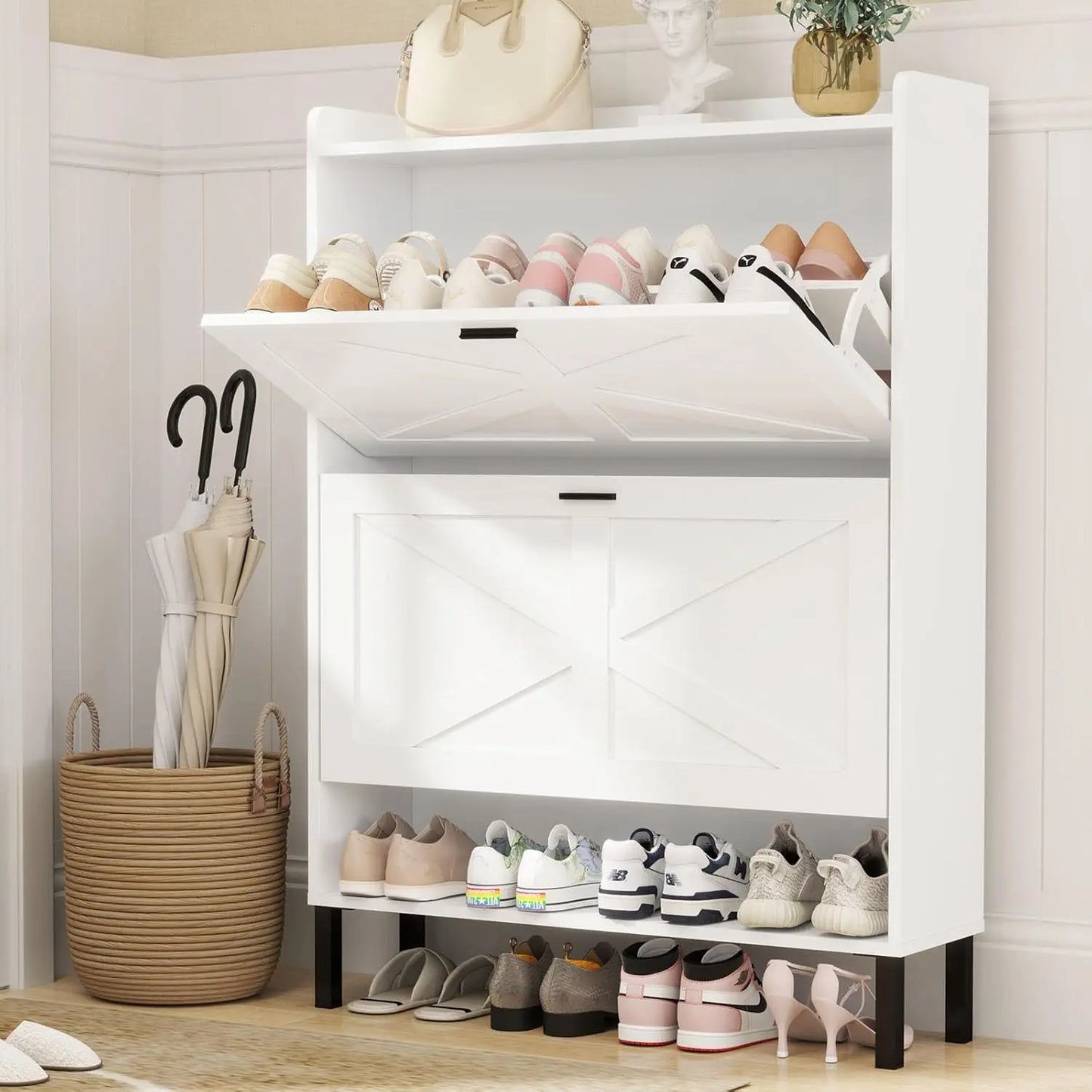 General Use Shoe Cabinet 24 Pair Freestanding Rack Drawers