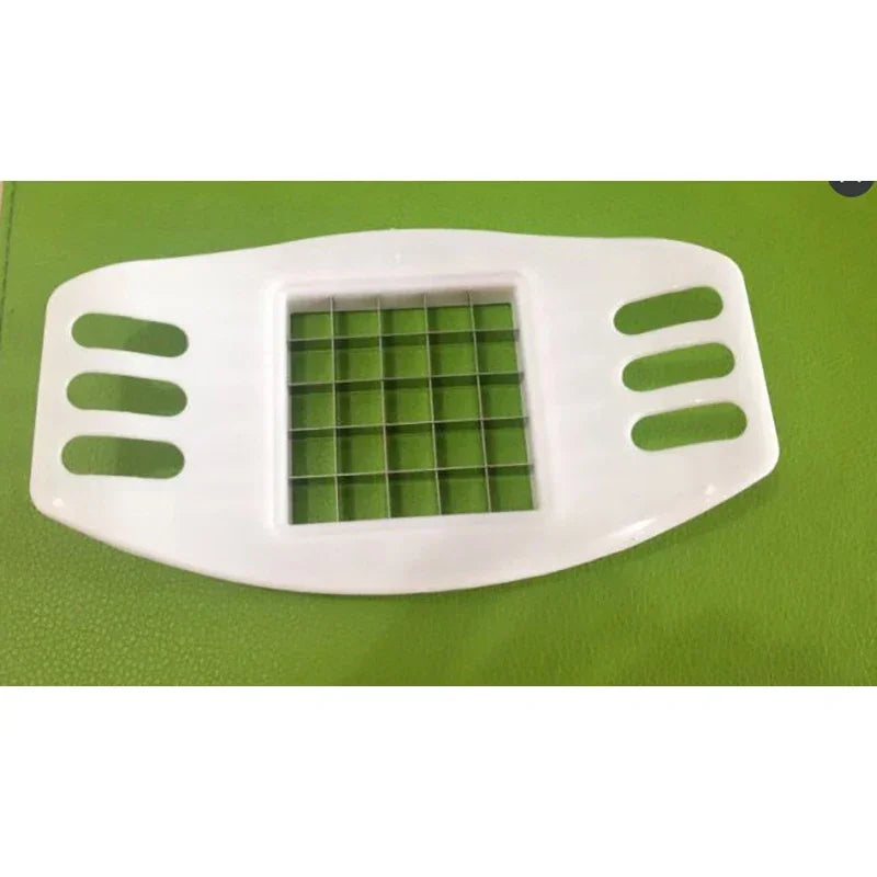 White handheld potato chip cutter with stainless grid blade and slotted sides; compact 17x8x2 cm.