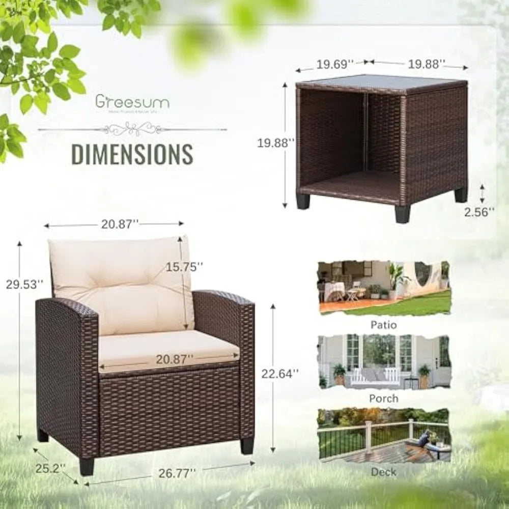 Patio Furniture Set 3 Piece PE Rattan Chairs Glass Table