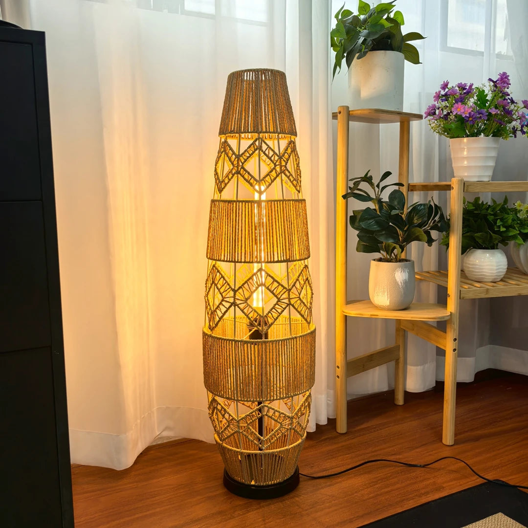Vrygle Boho Rattan Floor Lamp Handwoven LED Light Bar
