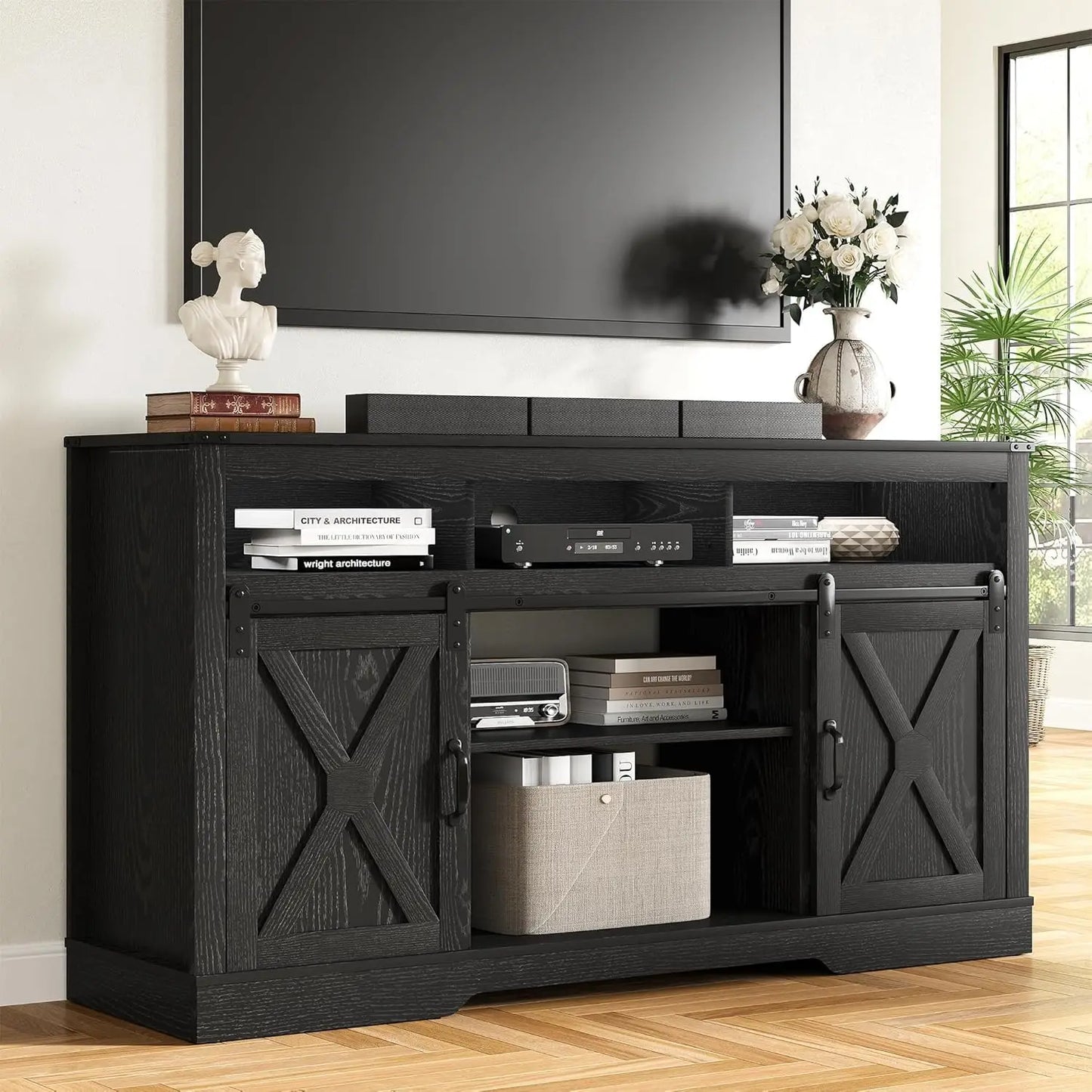 Angduo Farmhouse TV Stand With Sliding Barn Door Storage