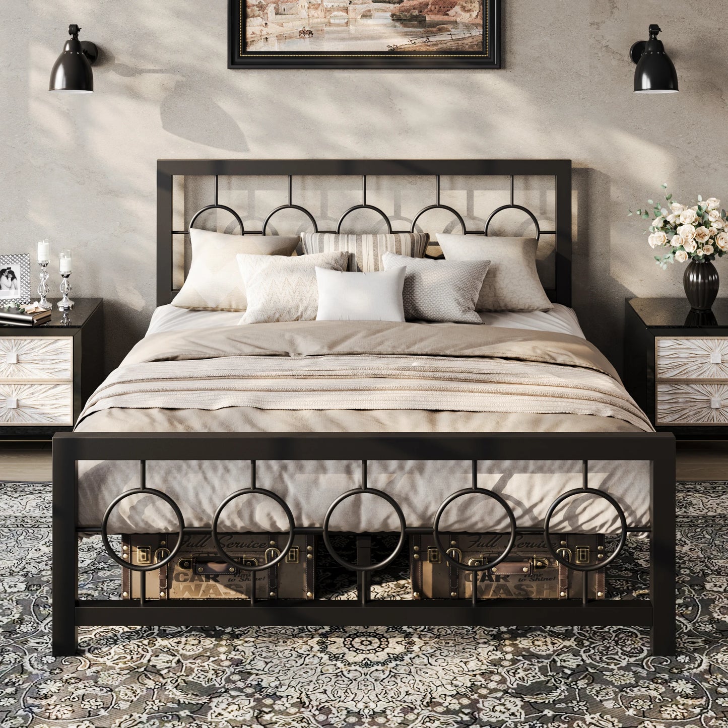 HOOMI ExtraordinarilyDurable Metal Platform Bed Frame With Vintage Circular Headboard