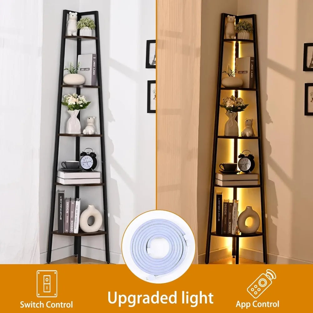 Five Tier Corner Bookshelf With LED Light Tall Steel Frame