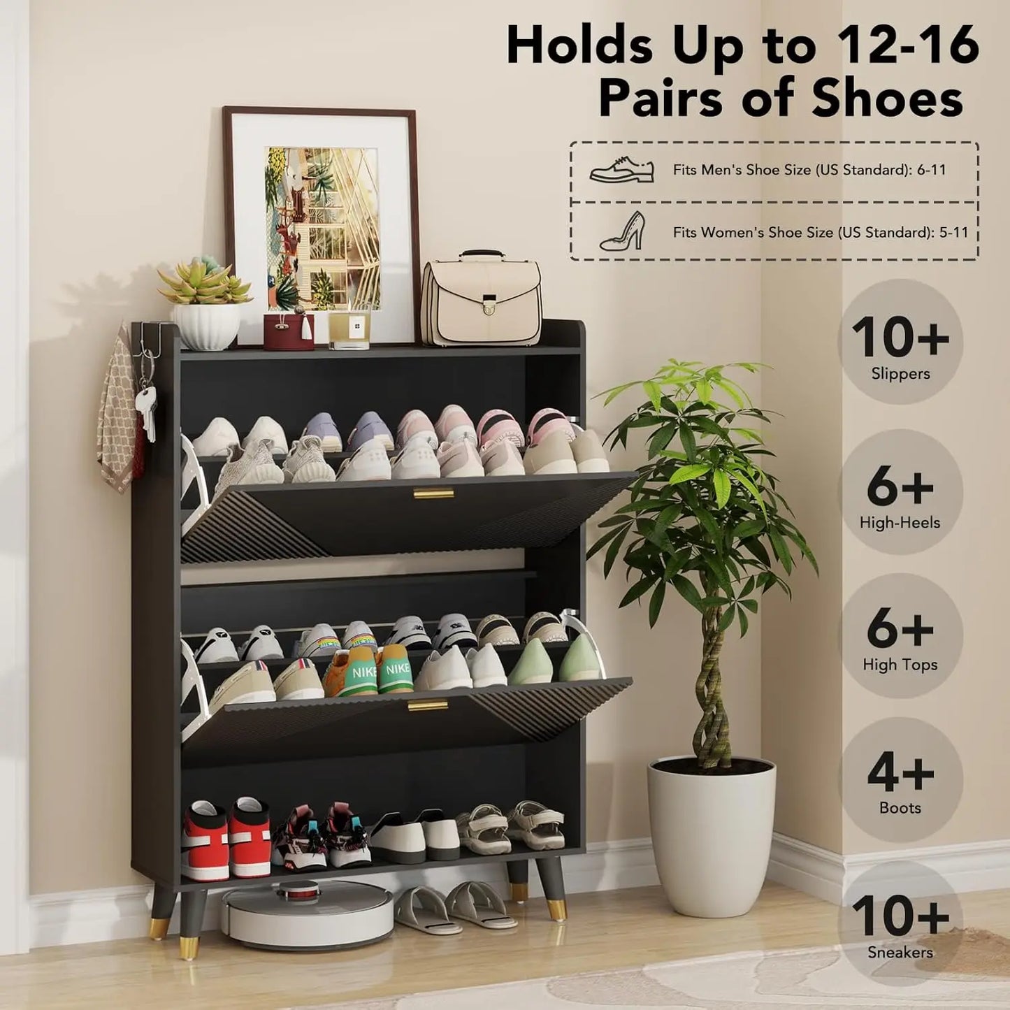 General Use Shoe Cabinet 24 Pair Freestanding Rack Drawers