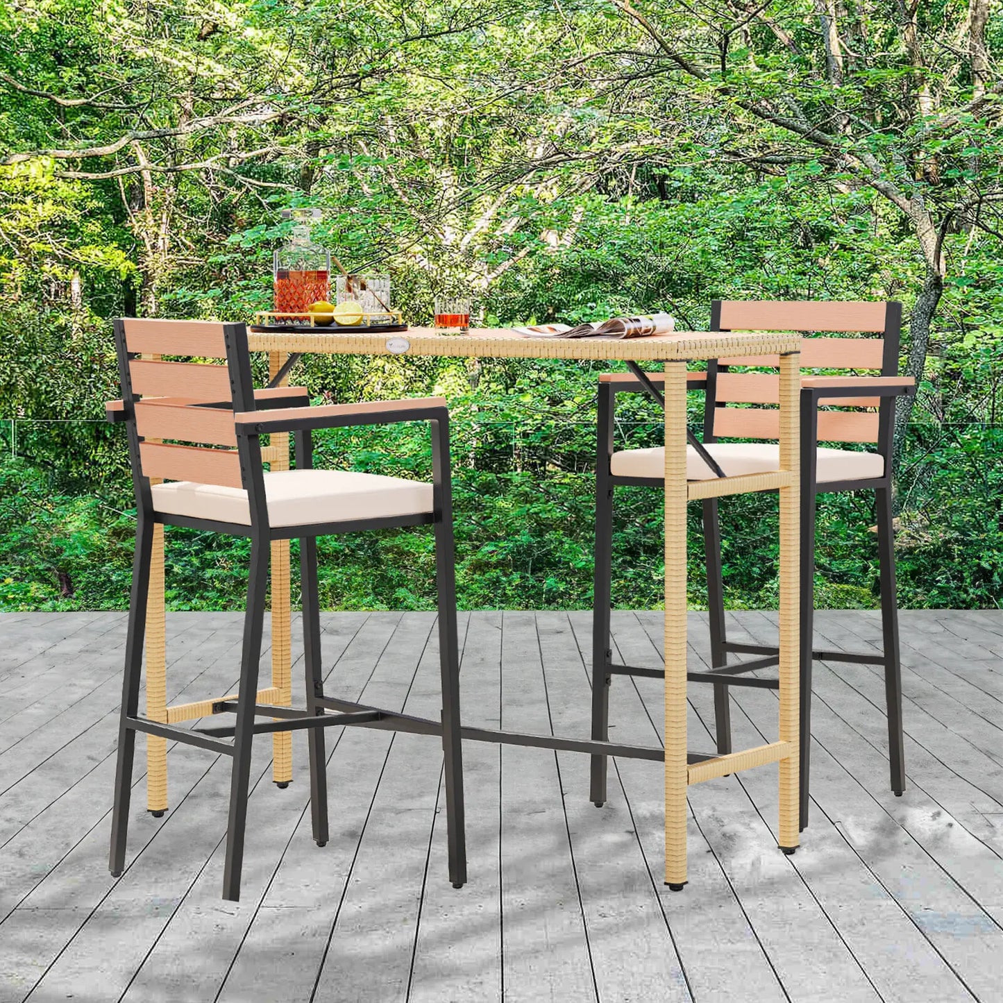 Patio Bar Table Set 3 Piece Wicker Garden Bistro Furniture