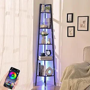 Five Tier Corner Bookshelf With LED Light Tall Steel Frame