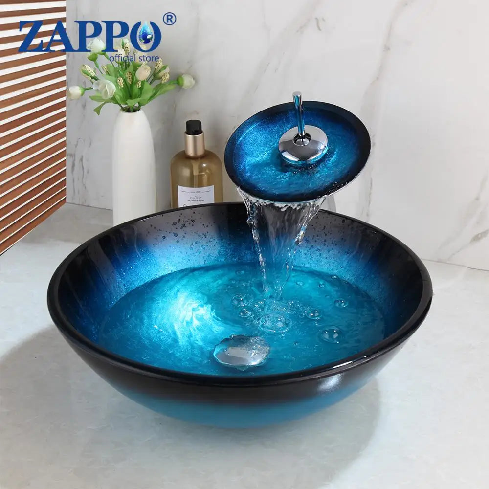 Torayvino Glass Bathroom Vessel Sink With Waterfall Faucet