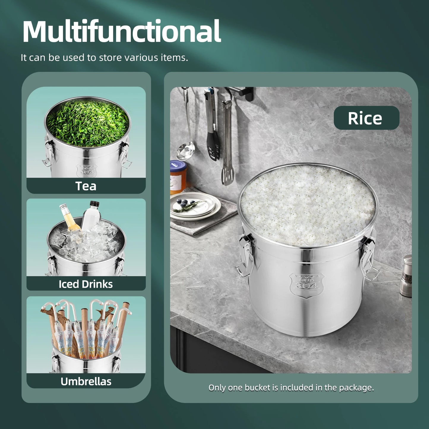 21L Stainless Steel Food Storage Bucket with Airtight Lid