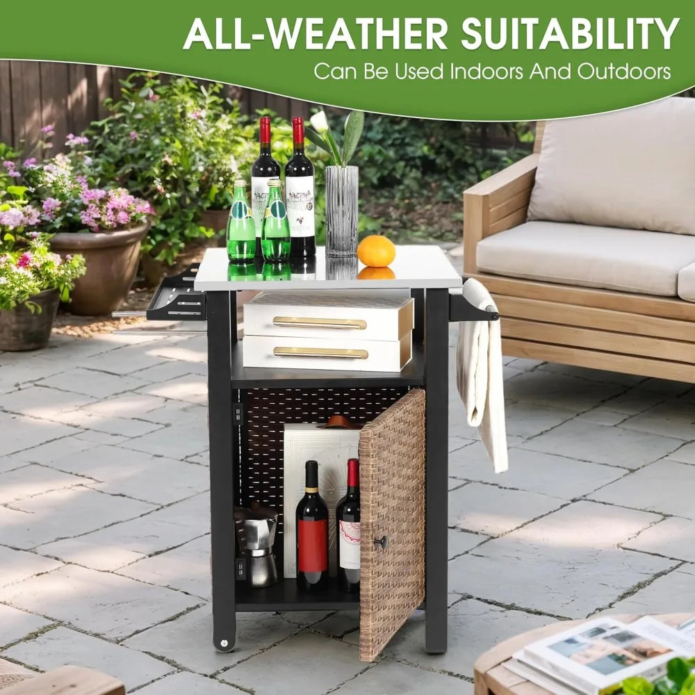 RBXCH Outdoor Kitchen Island Cart Wicker Grill Prep Station