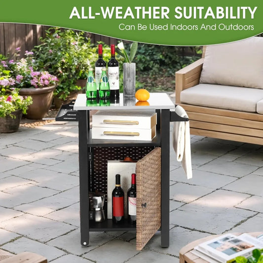 RBXCH Outdoor Kitchen Island Cart Wicker Grill Prep Station