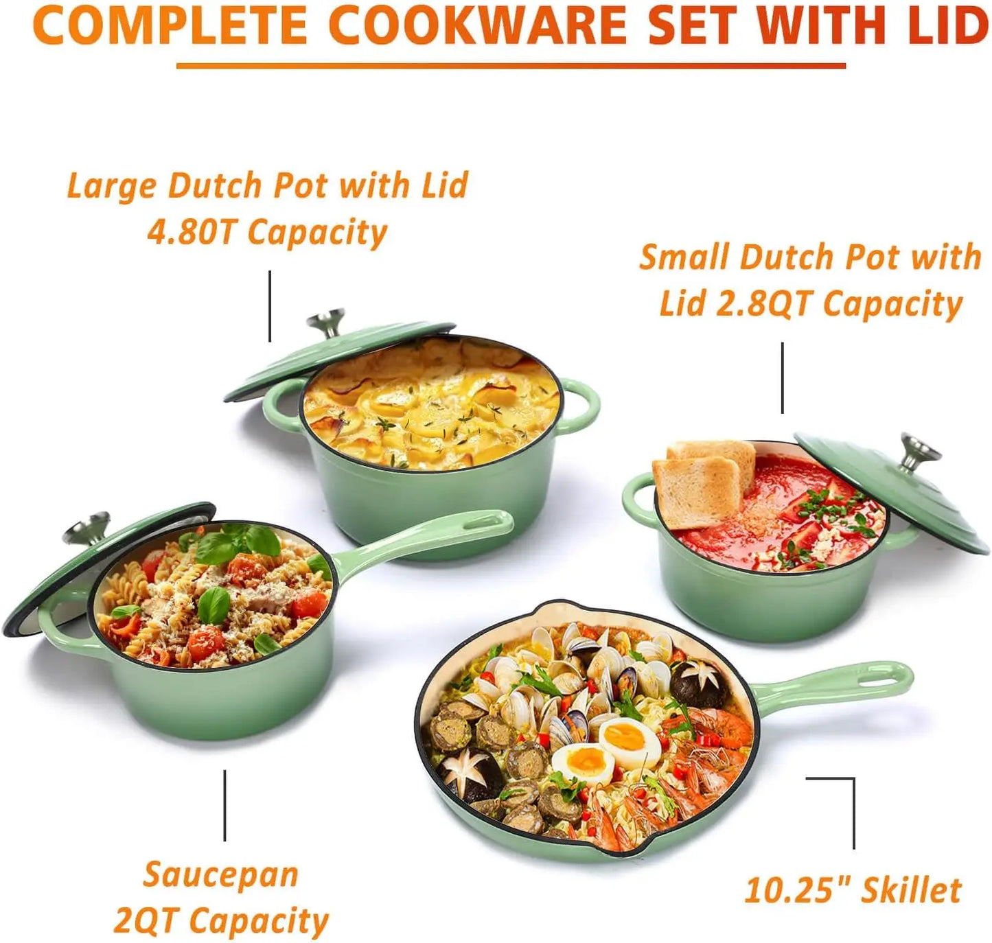 LIEI Cast Iron Cookware Set 7 Piece Enamel Dutch Oven