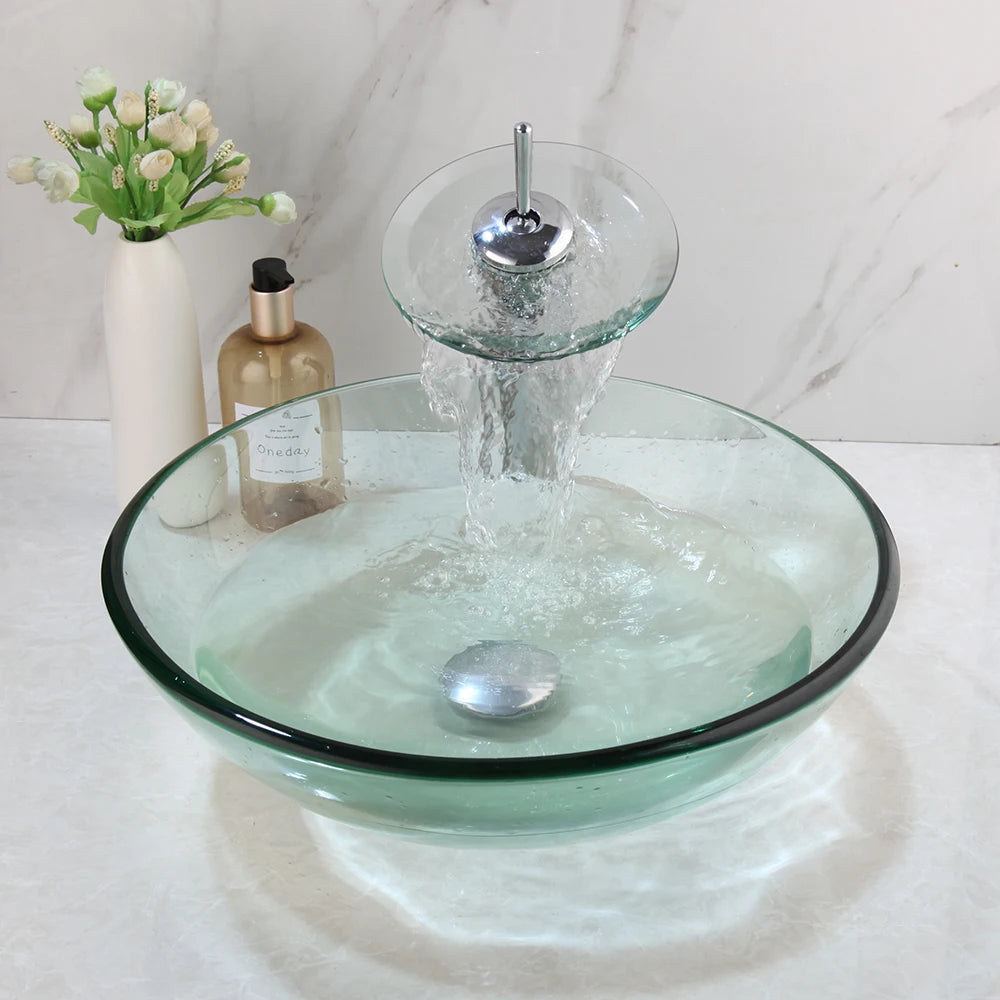 Torayvino ZAPPO Round Glass Vessel Sink And Faucet Combo