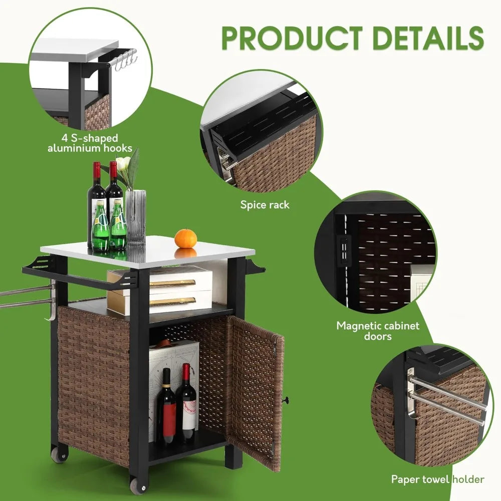 RBXCH Outdoor Kitchen Island Cart Wicker Grill Prep Station