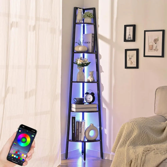 Five Tier Corner Bookshelf With LED Light Tall Steel Frame