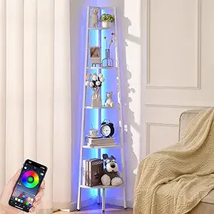 Five Tier Corner Bookshelf With LED Light Tall Steel Frame