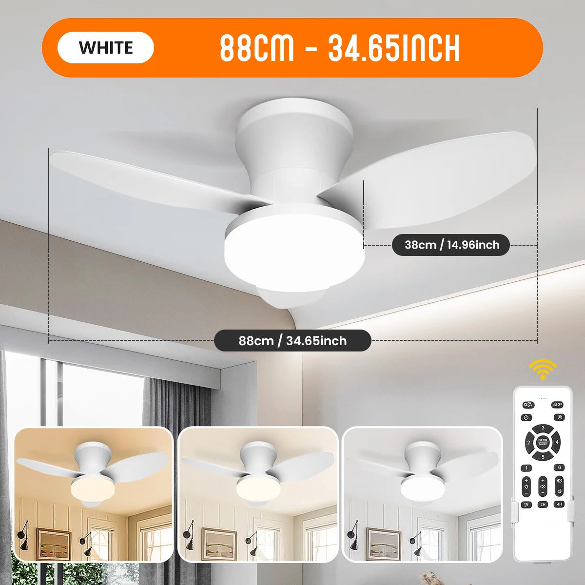 Mexllex Three Leaf Ceiling Fan With Dimmable LED And Remote