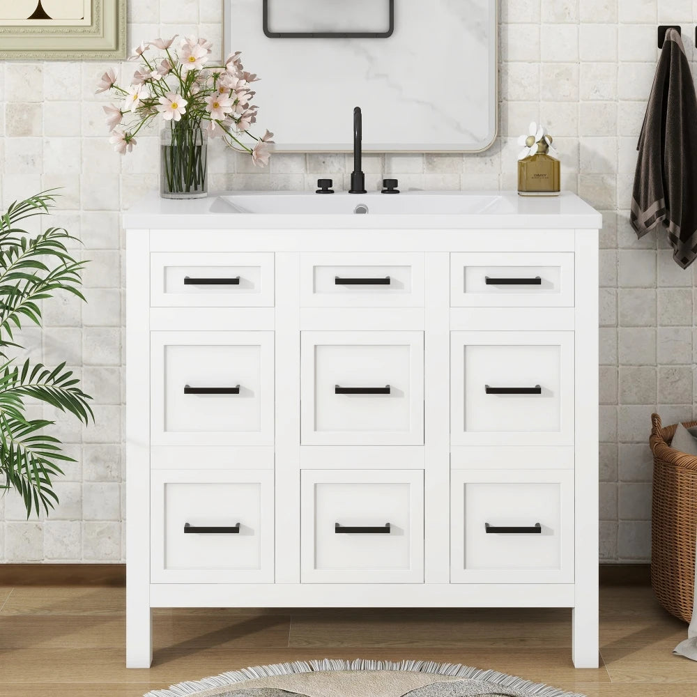 LWOH Bathroom Vanity With Resin Sink 4 Drawers 2 Doors