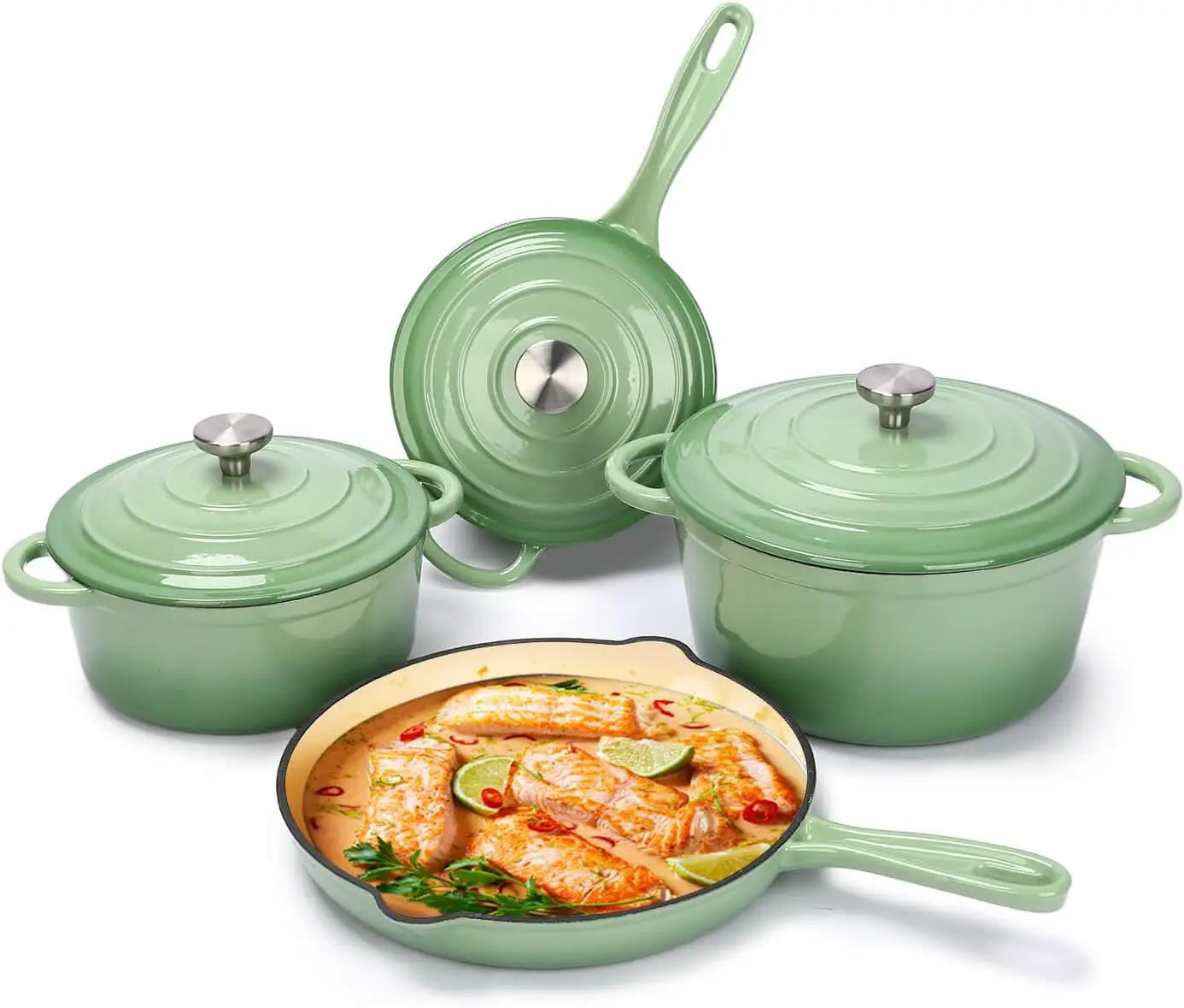 LIEI Cast Iron Cookware Set 7 Piece Enamel Dutch Oven