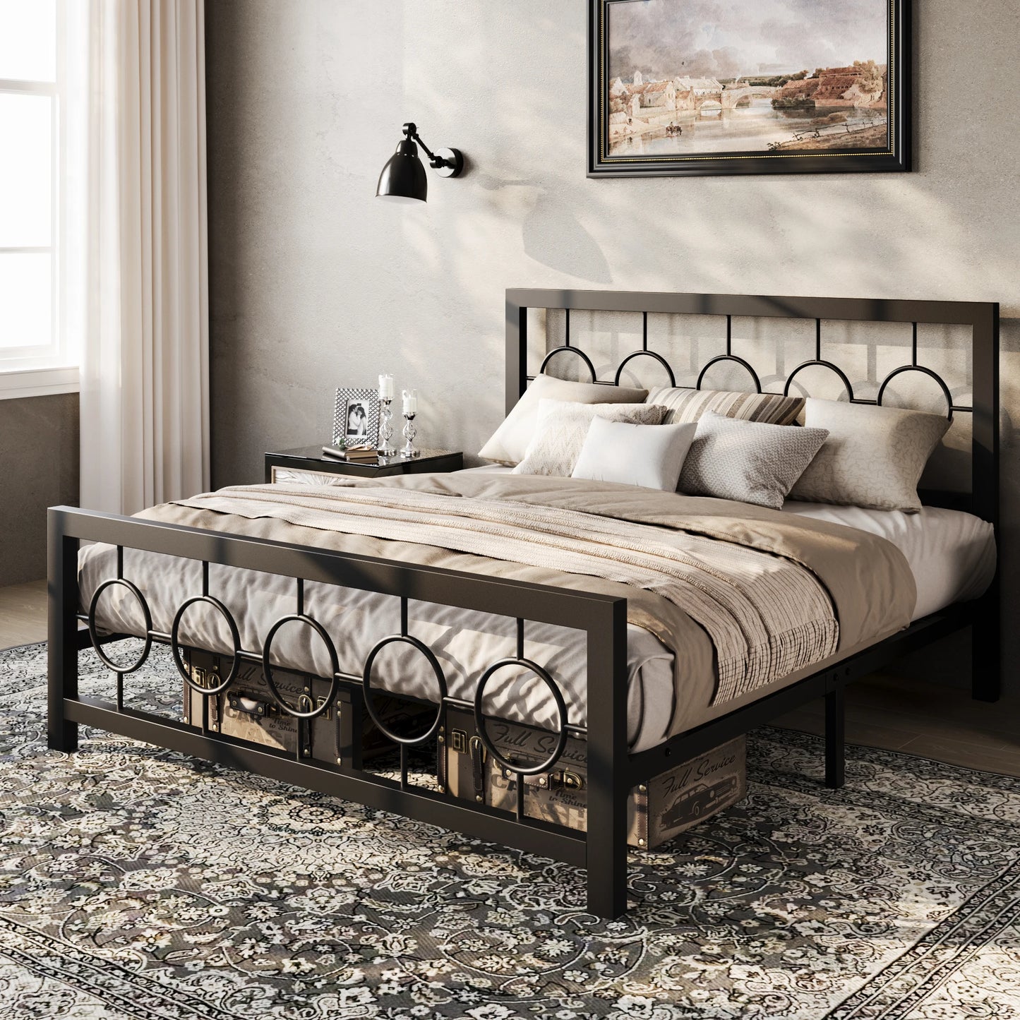 HOOMI ExtraordinarilyDurable Metal Platform Bed Frame With Vintage Circular Headboard