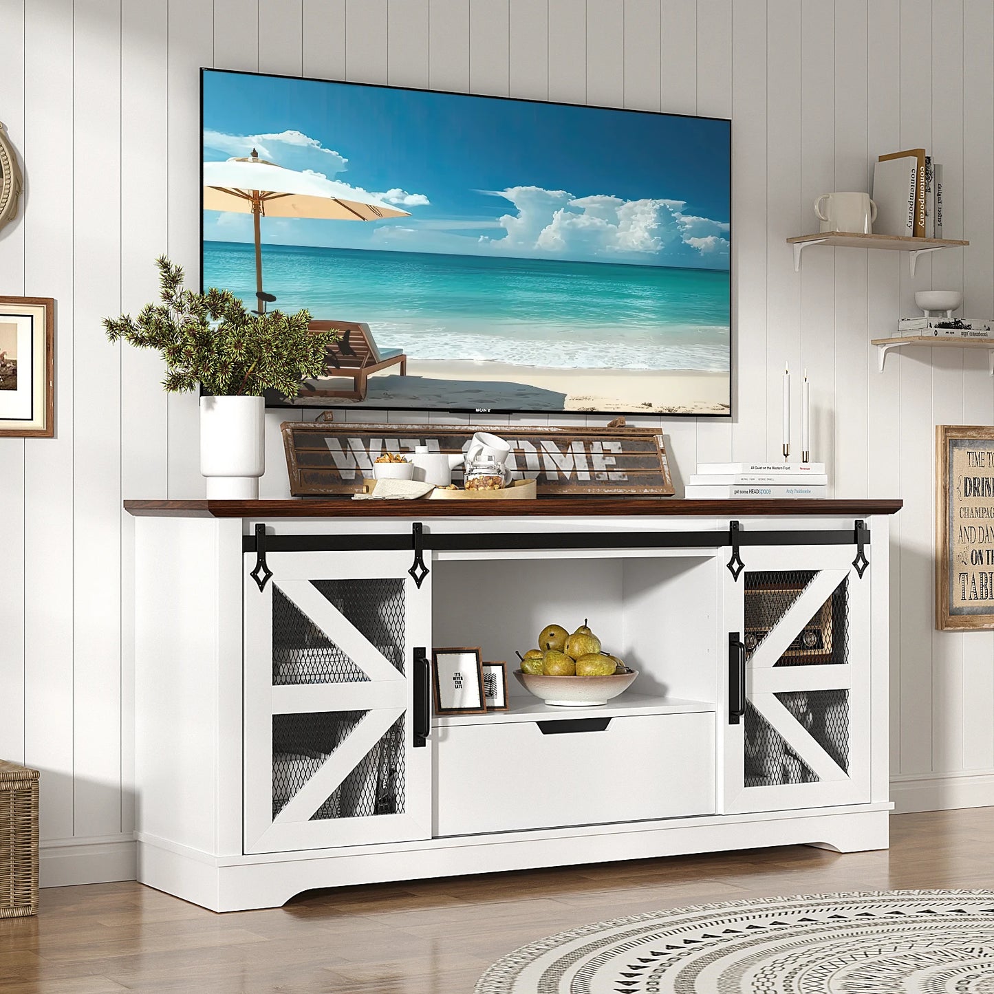 VOWNER Modern TV Stand With Drawer And Storage Cabinets