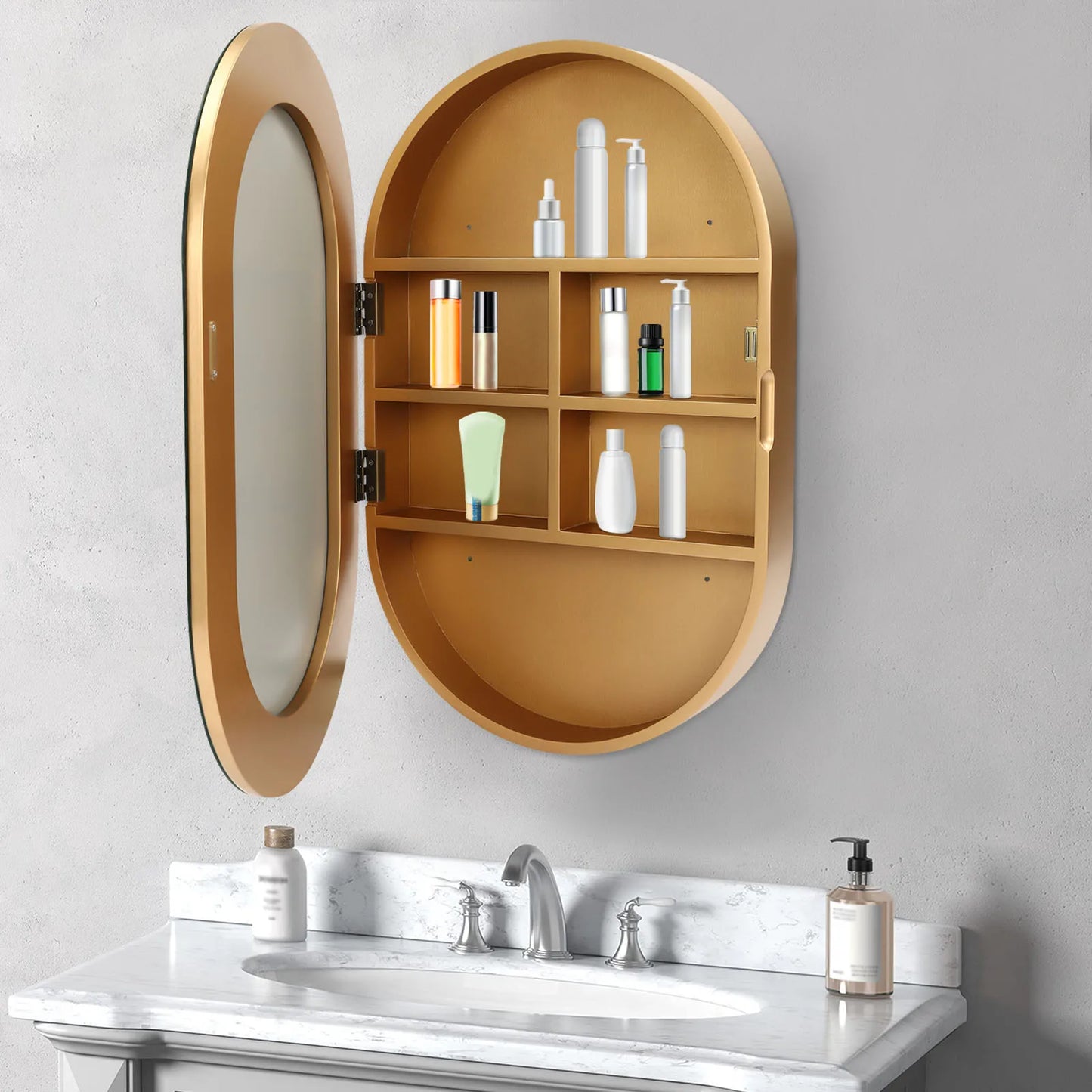 3-Tier Wall Mounted Mirror Cabinet Oval Cabinet Bathroom Mirror for Storage