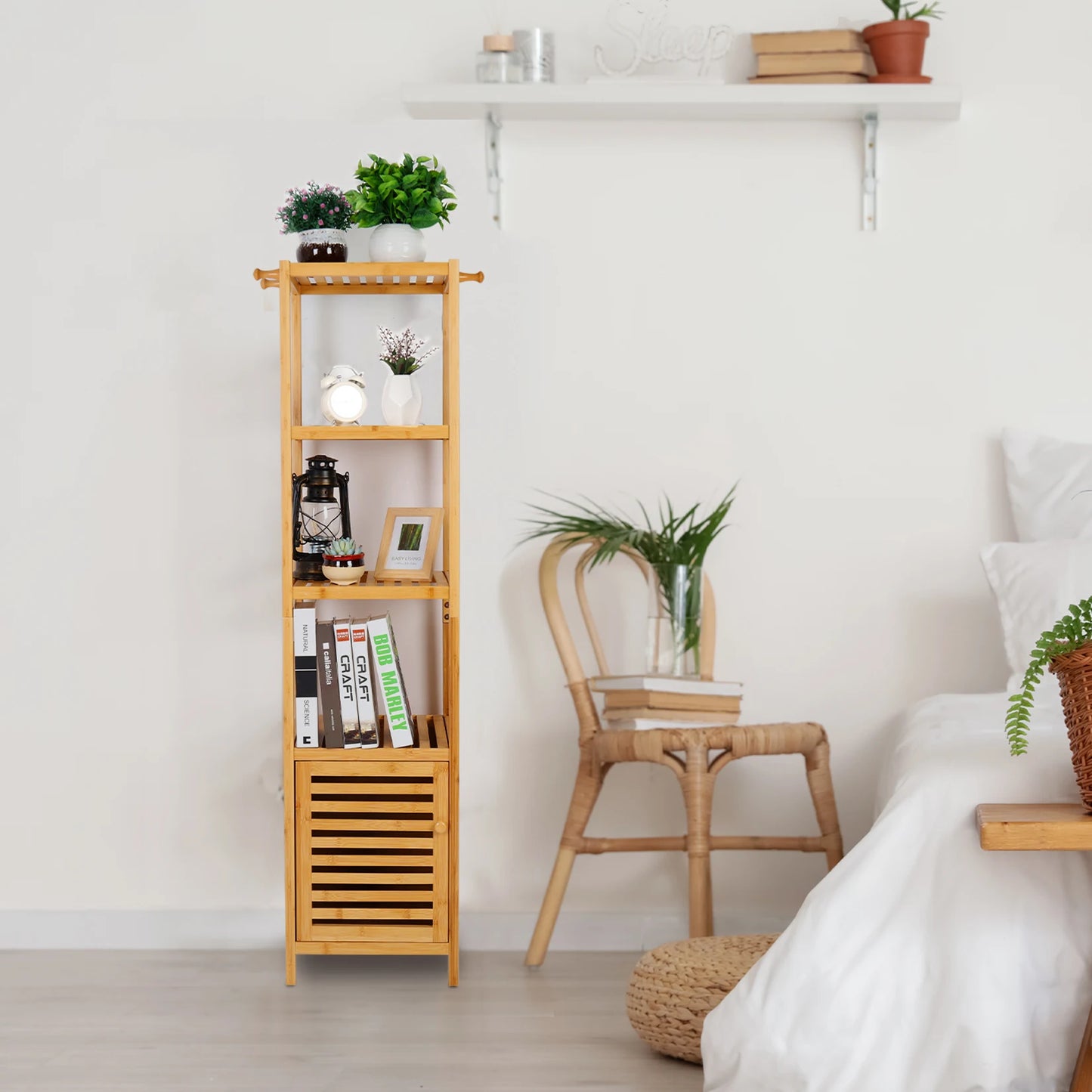 Freestanding Bamboo Bathroom Corner Rack For Slim Storage
