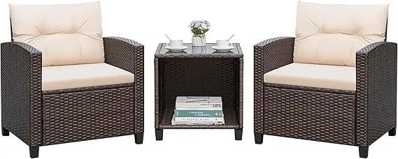Patio Furniture Set 3 Piece PE Rattan Chairs Glass Table