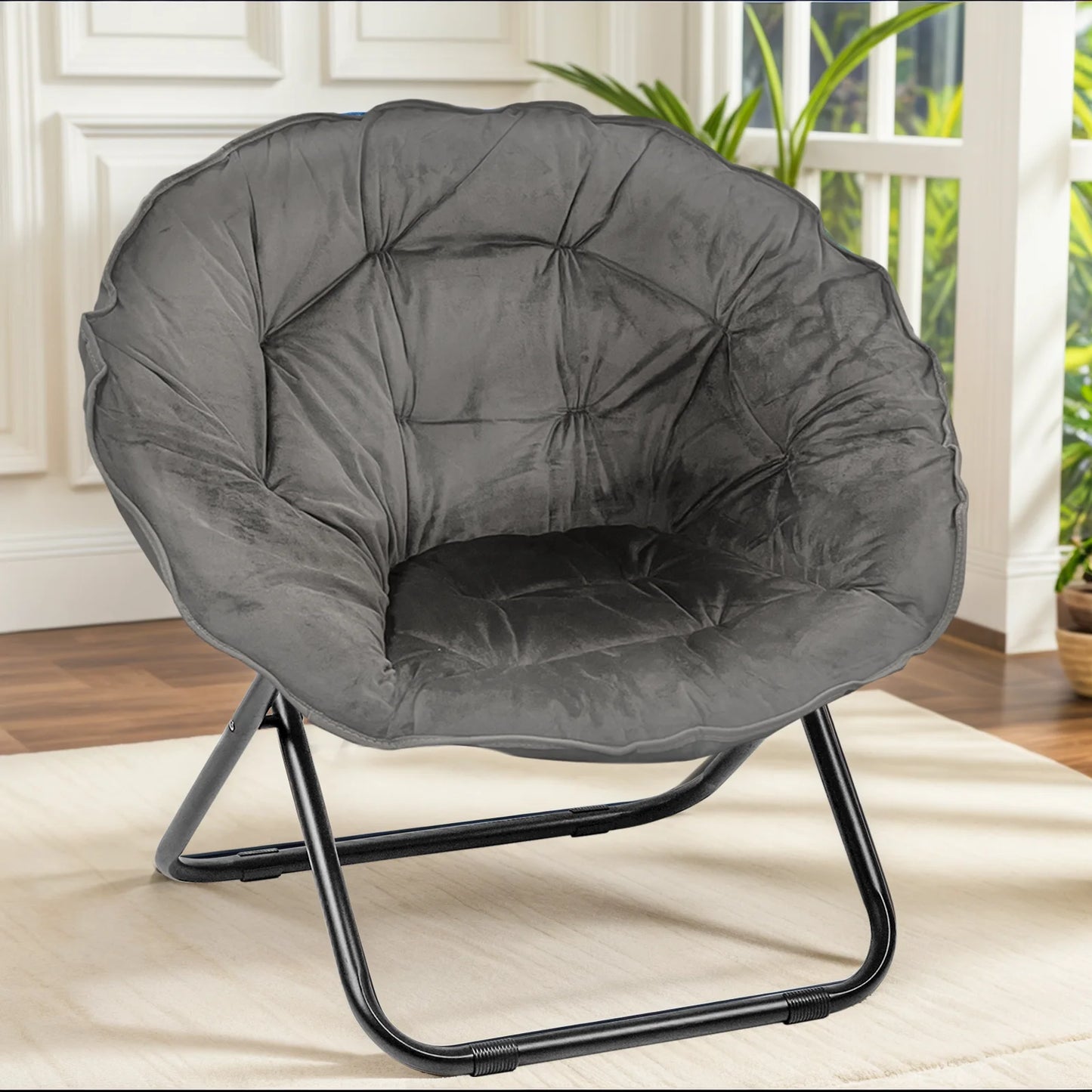 Grezone Round Foldable Saucer Chair Moon Chair Metal Frame