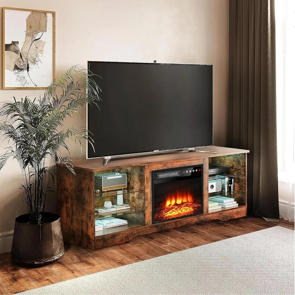Electric Fireplace TV Stand With LED Lights And Shelves