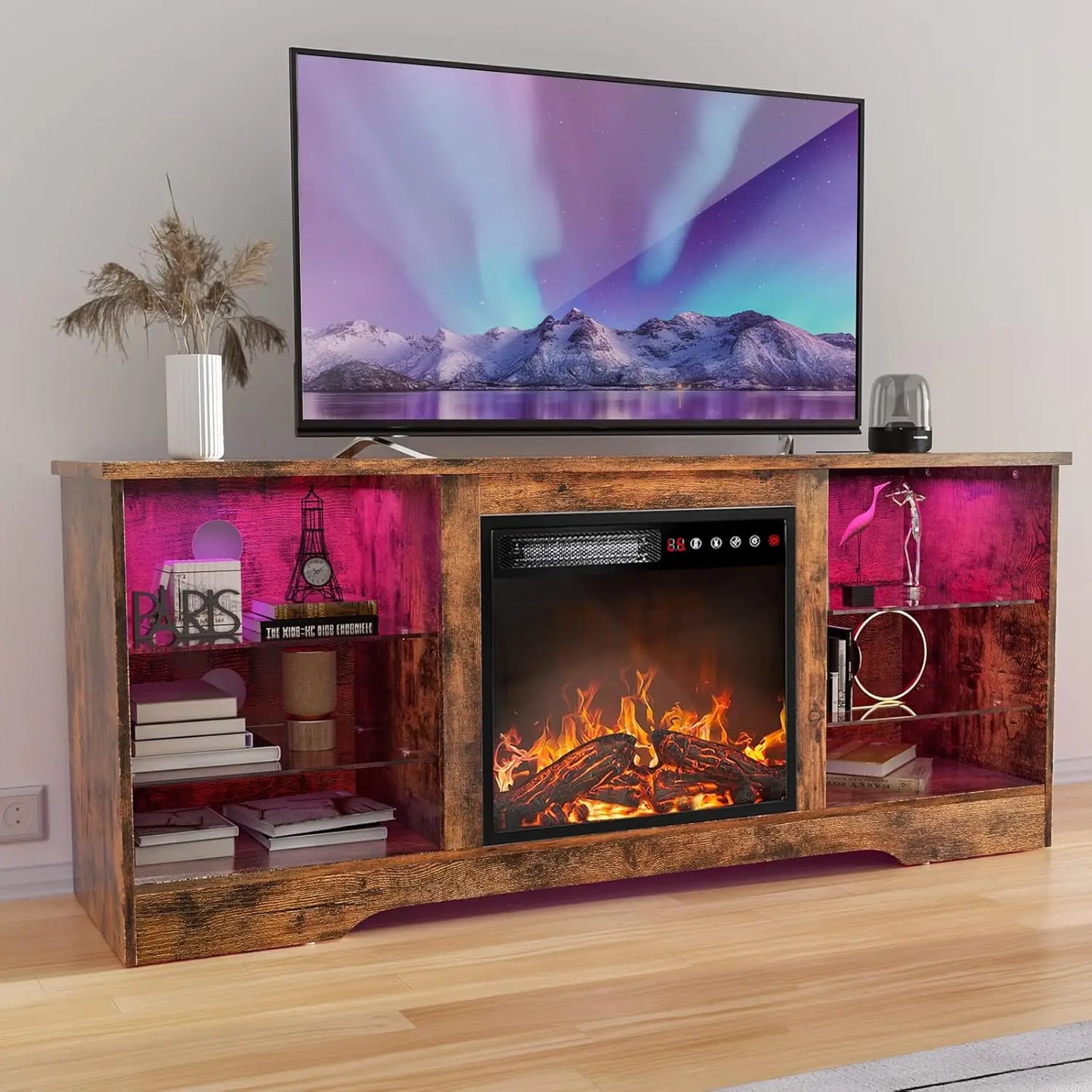 RBXCHign Fireplace TV Stand With Glass Shelves Center