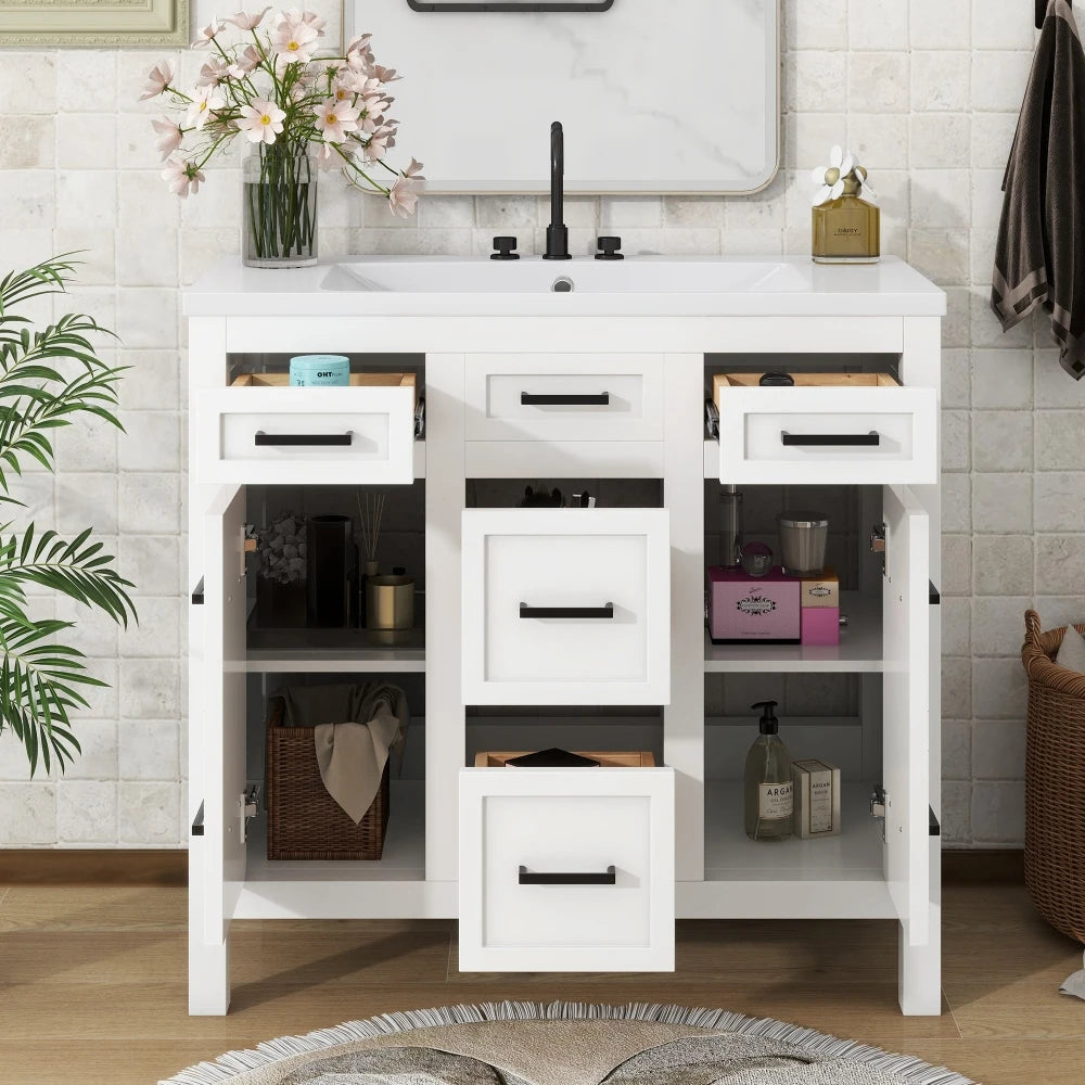 LWOH Bathroom Vanity With Resin Sink 4 Drawers 2 Doors