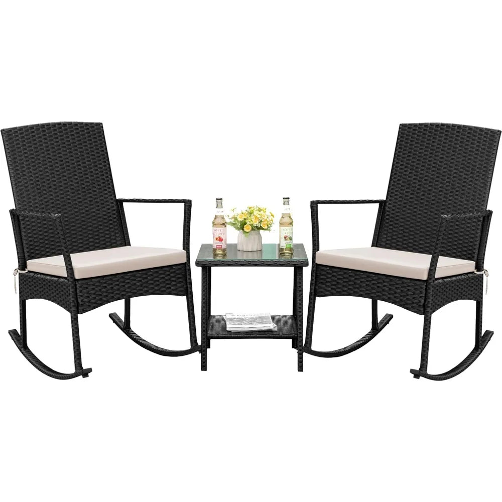 Flamaker Outdoor Rocking Chair PE Rattan With Glass Table