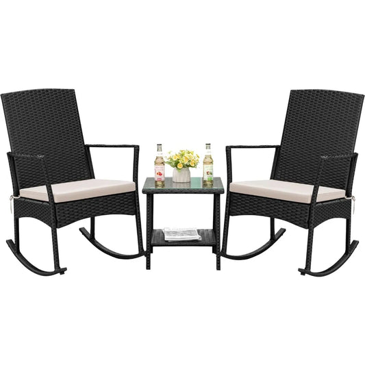 Flamaker Outdoor Rocking Chair PE Rattan With Glass Table