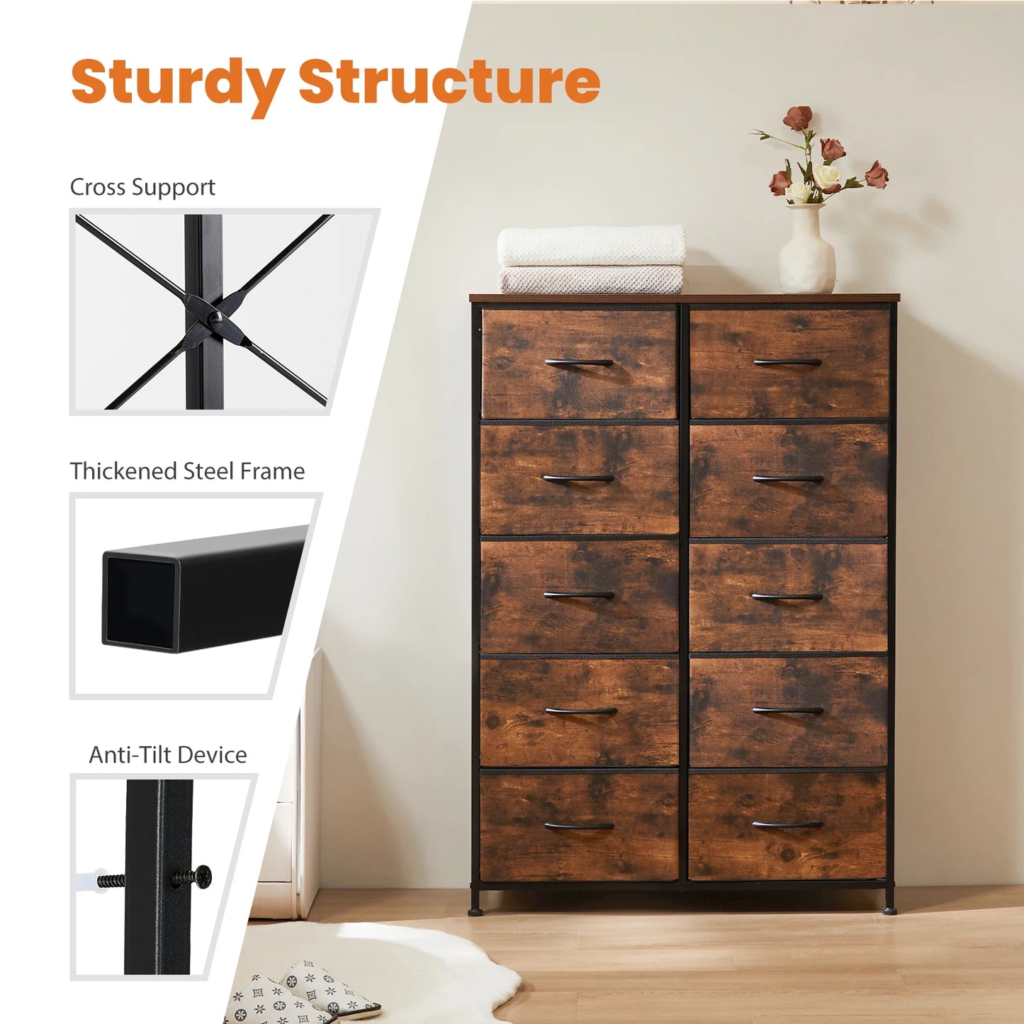 JHK Bedside Table With Fabric Drawers Steel Frame Storage