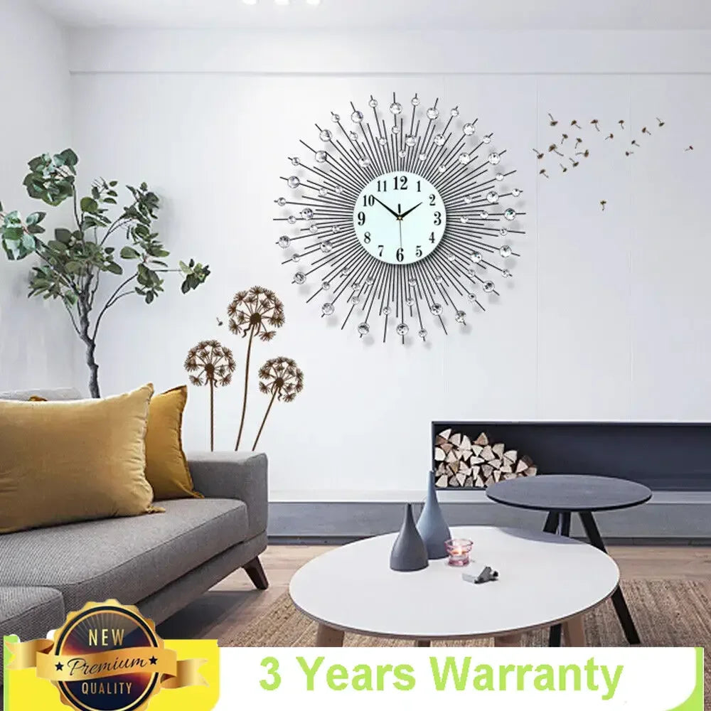Display Sunburst Metal Wall Clock Diamond Modern Luxury