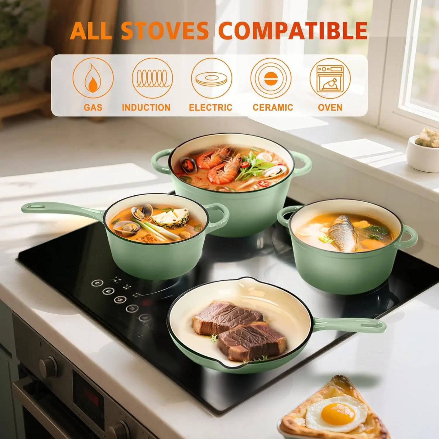 LIEI Cast Iron Cookware Set 7 Piece Enamel Dutch Oven