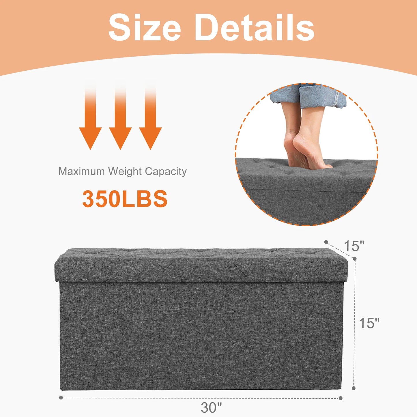 JHK Hidden Storage Footstool Bench Linen Fabric Ottoman ToyBox EffortlessAssembly