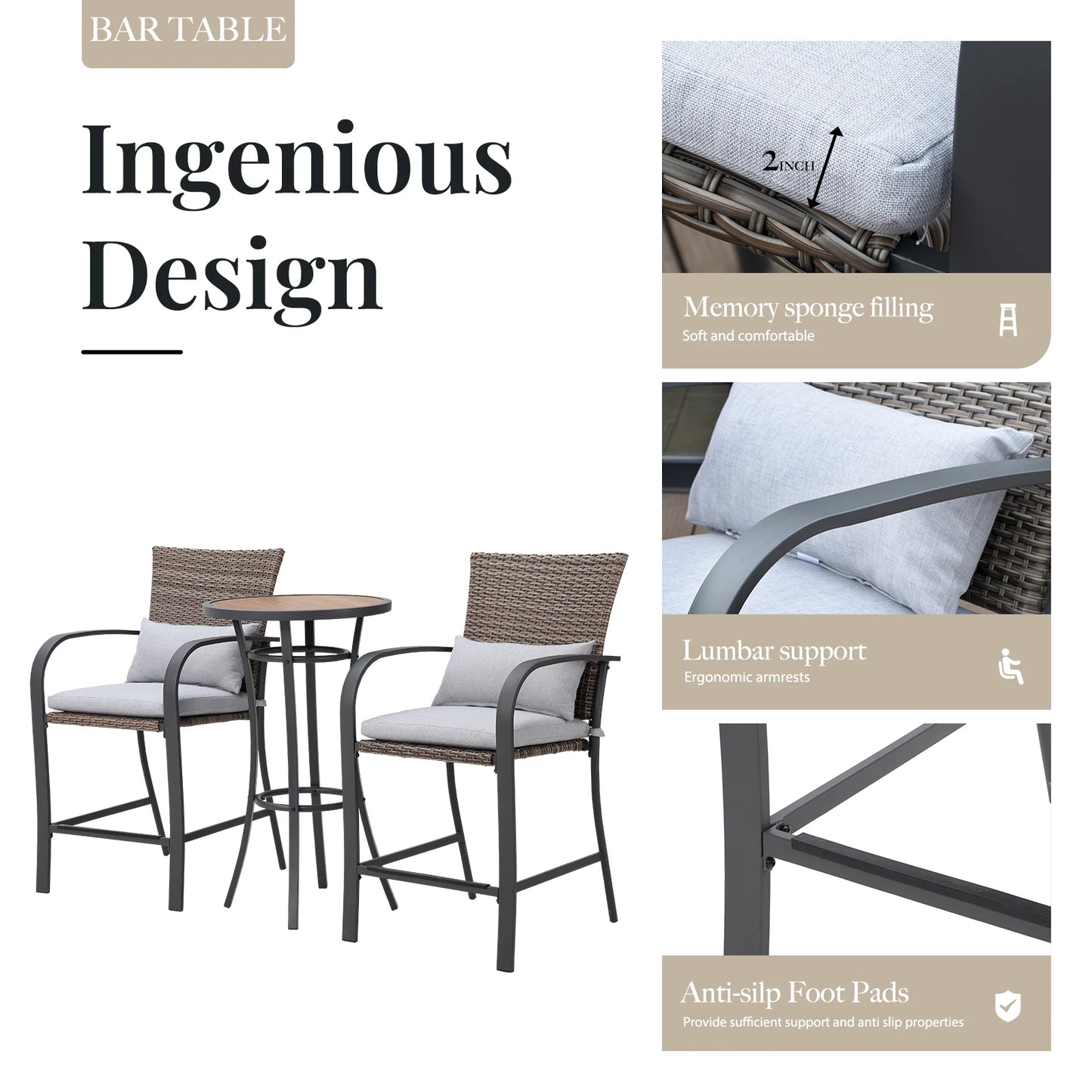 Naga Bahna 3Piece Patio Bar Set With Soft Cushions Outdoor