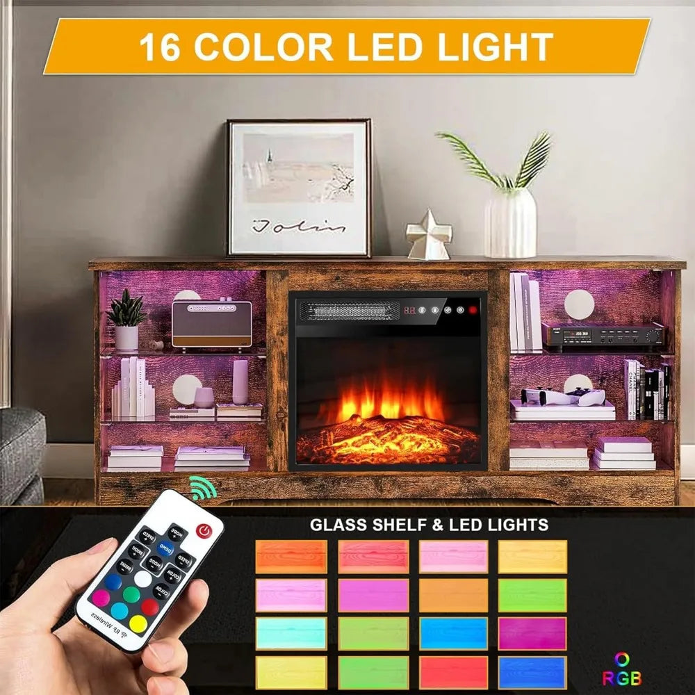 Electric Fireplace TV Stand With LED Lights And Shelves