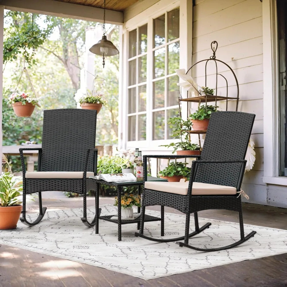 Flamaker Outdoor Rocking Chair PE Rattan With Glass Table