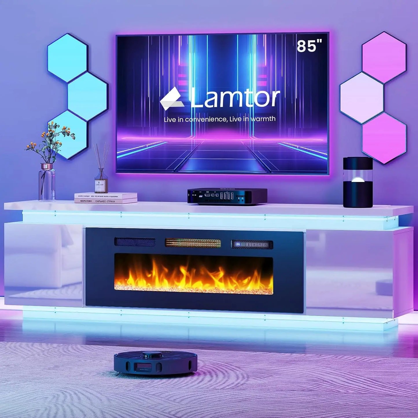 Angduo Fireplace TV Stand With RGB LED Lighting And Outlets