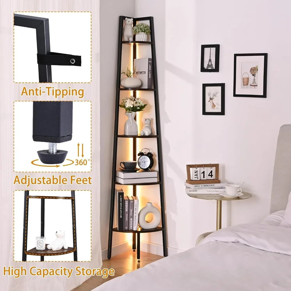 Five Tier Corner Bookshelf With LED Light Tall Steel Frame