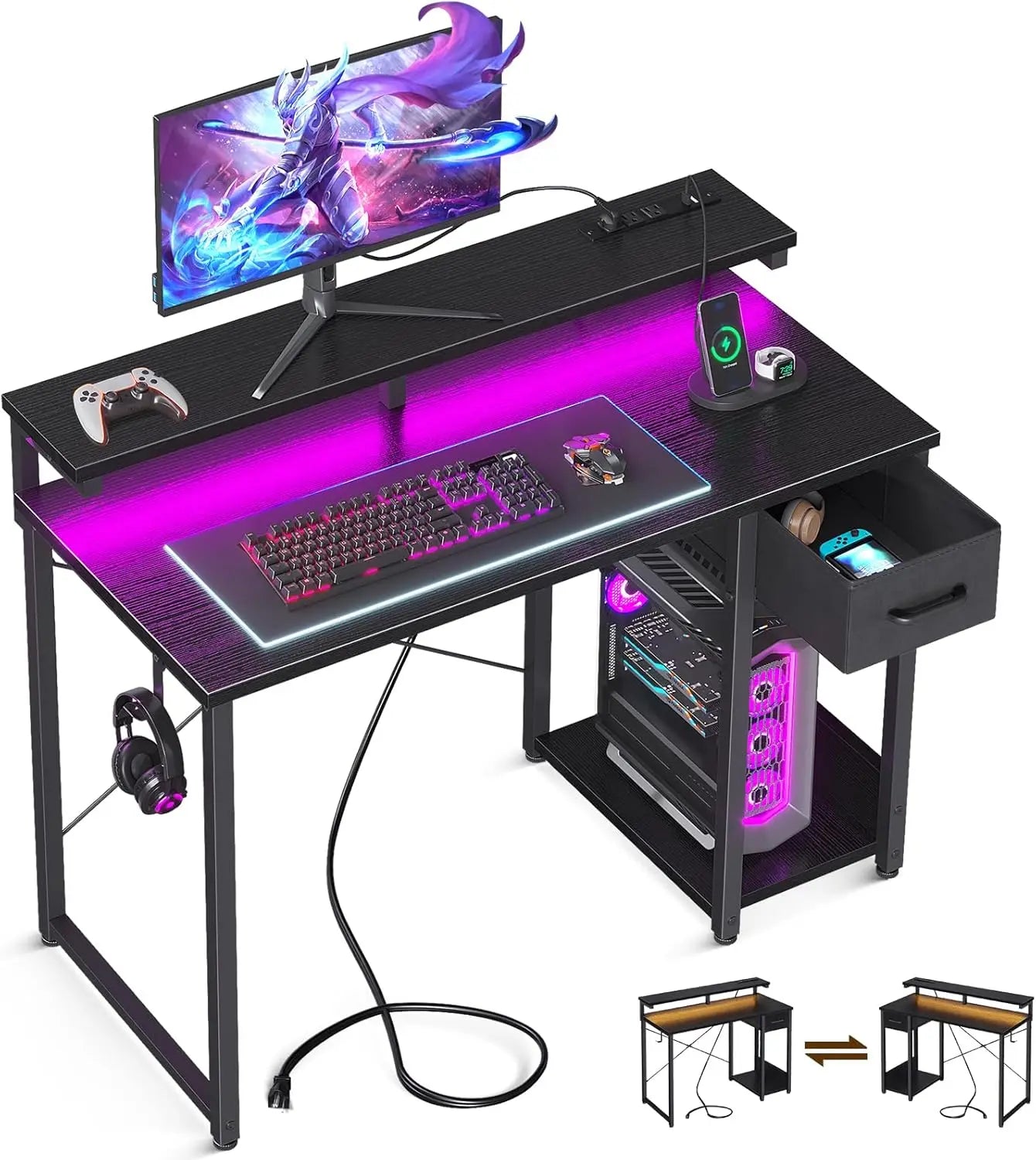 ANGDUO Gaming Desk With LED Lights And Power Outlet