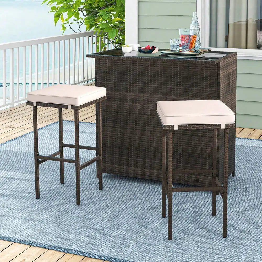 3 Piece Patio Bar Set PE Wicker Outdoor Bar Table Stools