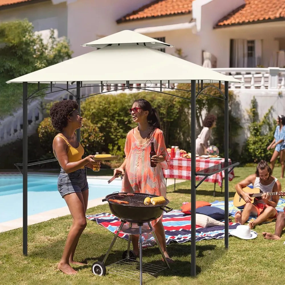 Outdoor Grill Gazebo With 2 Tier Shelves And 7 Hooks