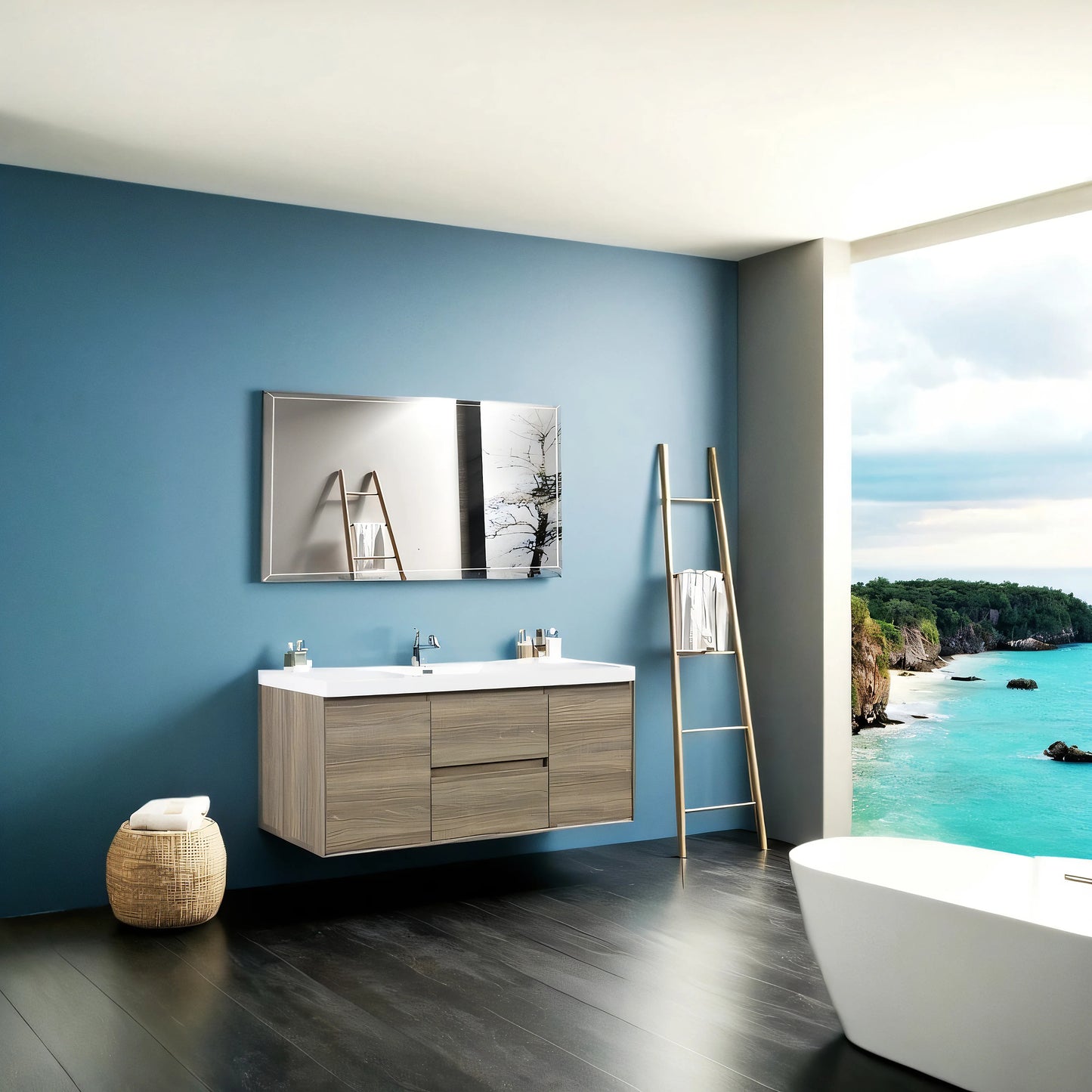 60" Floating Bathroom Vanity with Sink, Modern Wall-Mounted Bathroom Storage Vanity Cabinet with Resin Top Basin and Soft Close