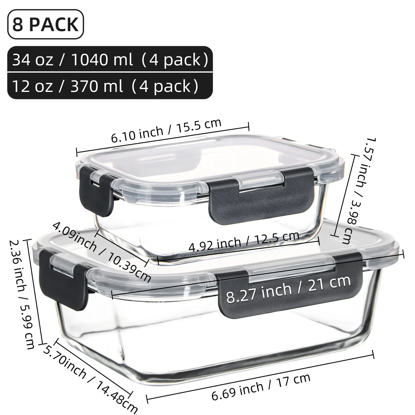 8 Piece Borosilicate Glass Food Storage Containers Set Leakproof Lids
