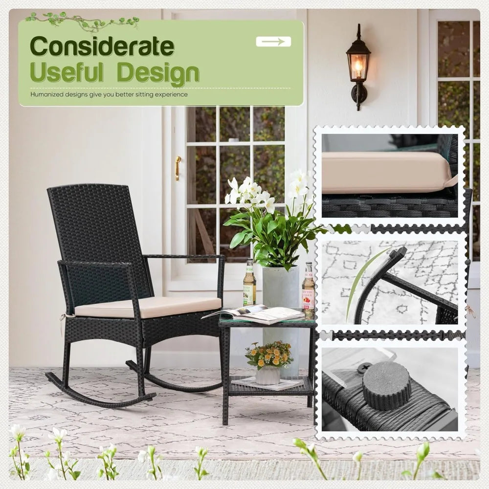 Flamaker Outdoor Rocking Chair PE Rattan With Glass Table