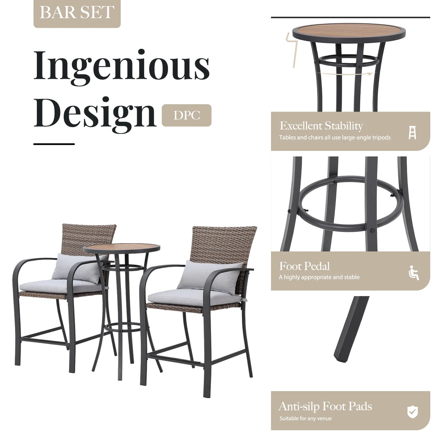 Naga Bahna 3Piece Patio Bar Set With Soft Cushions Outdoor