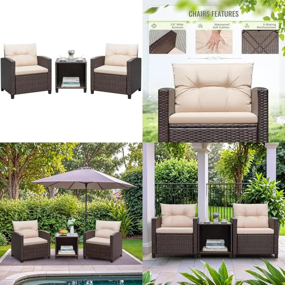 Patio Furniture Set 3 Piece PE Rattan Chairs Glass Table